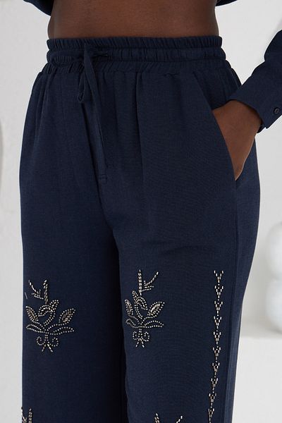 MİA NOURA Women's Woven Fabric Front Beaded Pants