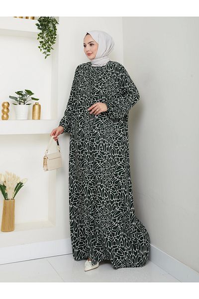 Nevayla Moda Patterned Front Gathered Viscose Dress - Khaki / E0131