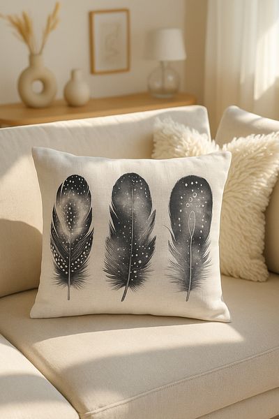 HİG HOME Black and White Feather Patterned Throw Pillow Case – Minimalist Digital Printing