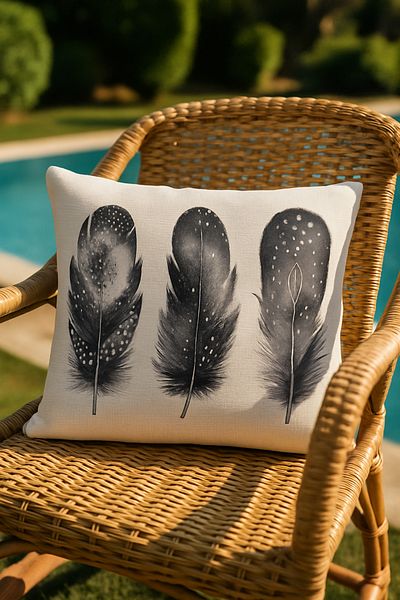 HİG HOME Black and White Feather Patterned Throw Pillow Case – Minimalist Digital Printing