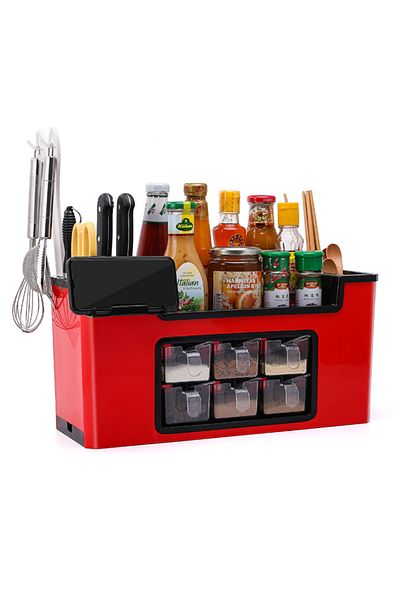 Teno Organizator Multifunctional pentru Bucatarie Teno®, 6 Compartimente, pentru condimente, rosu