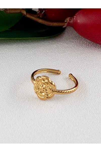 Siya Silver Kararmaz Çelik Taşsız Gül Desenli Gold Renk Ayarlanabilir Kadın Yüzük