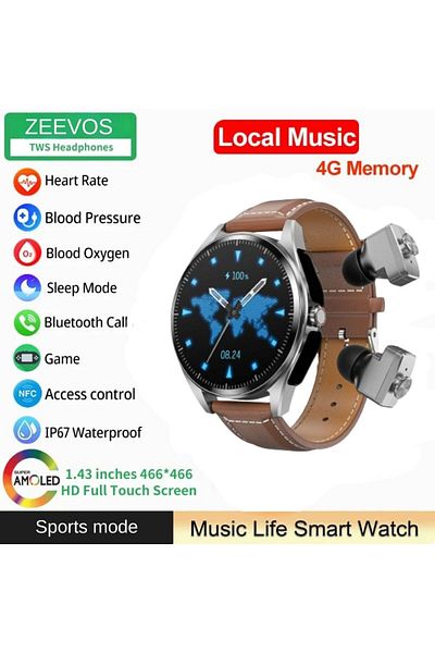 zeevos f26 smartwatch with built-in Bluetooth headphones, NFC, 4G internal memory,