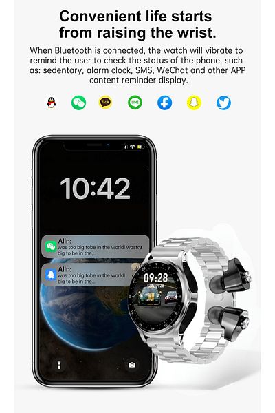 zeevos smartwatch with built-in Bluetooth headphones, Bluetooth call, notifications