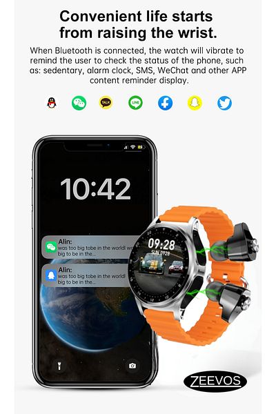 zeevos smartwatch with built-in Bluetooth headphones, physical activity monitoring, heart rate,