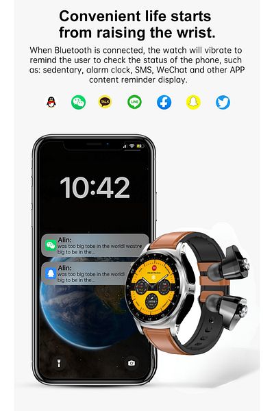 zeevos smartwatch with built-in Bluetooth headphones, NFC, Bluetooth call, notifications,