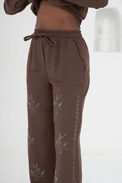 MİA NOURA Women's Woven Fabric Front Beaded Pants