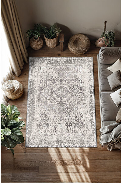 BigArts Home Makinede Yıkanabilir Kaymaz Taban Leke Tutmaz Gri Salon Halısı M...