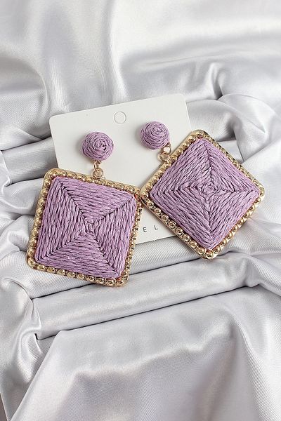 AfraBeauty Purple Square Figured Straw Knitted Model Gold Color Women's Earrings