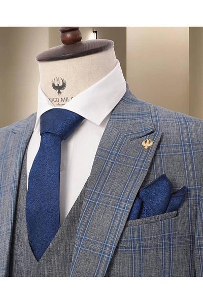 marco mılano Men's Checkered Suit, 3 Pieces, Slim Fit, Dark Grey with Blue Tones, Waist 1