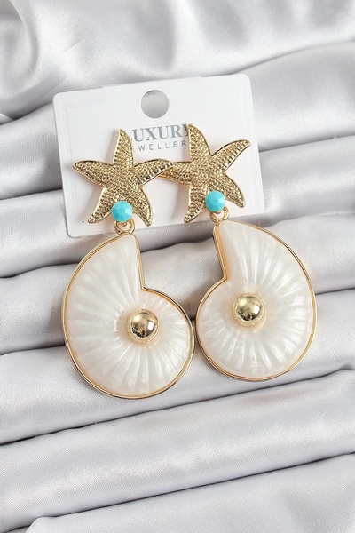 YNT İthalat Gold Color Women's Earrings with Brass Starfish and Seashell Figures