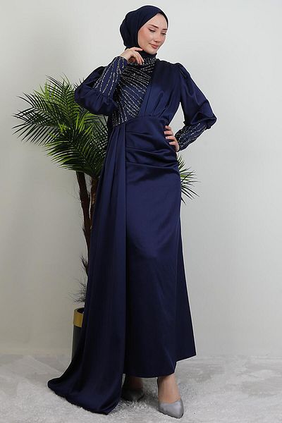 GİYZAMİLA Βραδινό φόρεμα από χρυσό σατέν Navy Blue