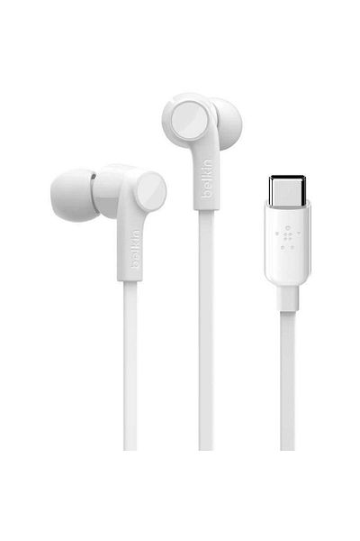Belkin سماعات أذن روك ستار مع عزل سلبي للضوضاء، سلكية، USB-C، ميكروفون مدمج، لون أبيض