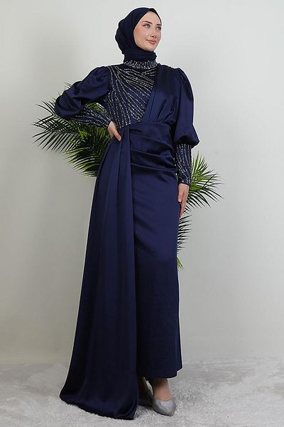 GİYZAMİLA Βραδινό φόρεμα από χρυσό σατέν Navy Blue