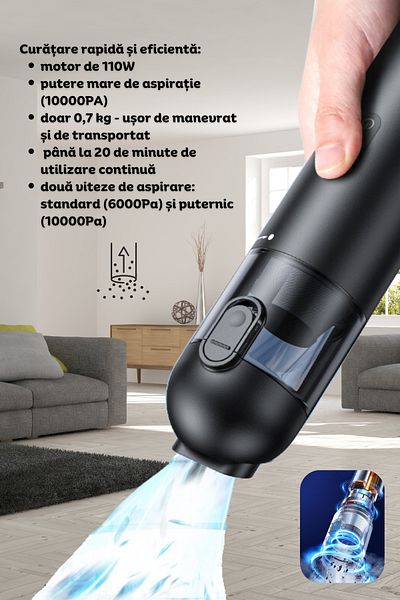 clickzu Aspirator portabil Clickzu 10000Pa, 110W – aspirare, suflare, umflare, vidare, LED, filtru lavabil