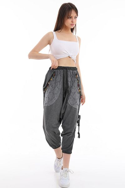 Alışveriş Sokağı Viscose Fabric Ethnic Design Anthracite Women's Baggy Trousers