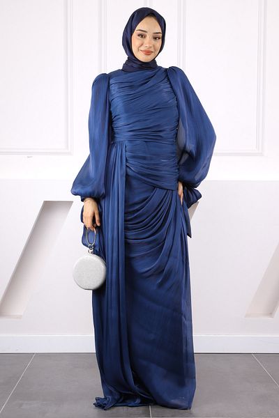 İmajButik Βραδινό φόρεμα σιφόν μπλε Navy με στολισμένο μπροστινό μέρος