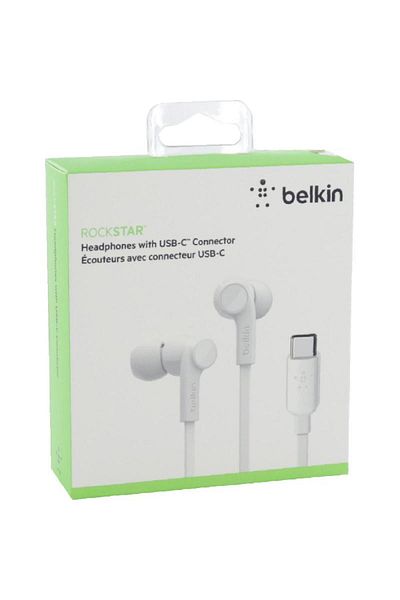 Belkin سماعات أذن روك ستار مع عزل سلبي للضوضاء، سلكية، USB-C، ميكروفون مدمج، لون أبيض