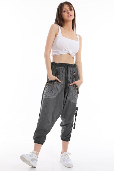 Alışveriş Sokağı Viscose Fabric Ethnic Design Anthracite Women's Baggy Trousers