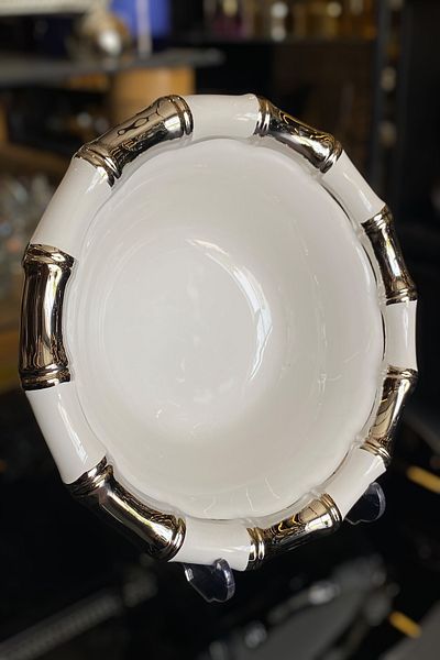 LEMİ DEKORASYON Silver Detailed Porcelain Deep Bamboo Cake Presentation Plate-Fruit Bowl 28 X 28 X 9 cm