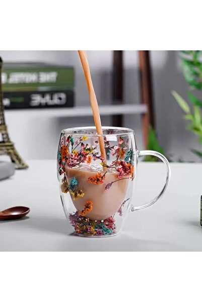 Wolawood Çiçek Desenli Çift Katmanlı Kupa Bardak Şık Dayanıklı Kahve Çay Bard...