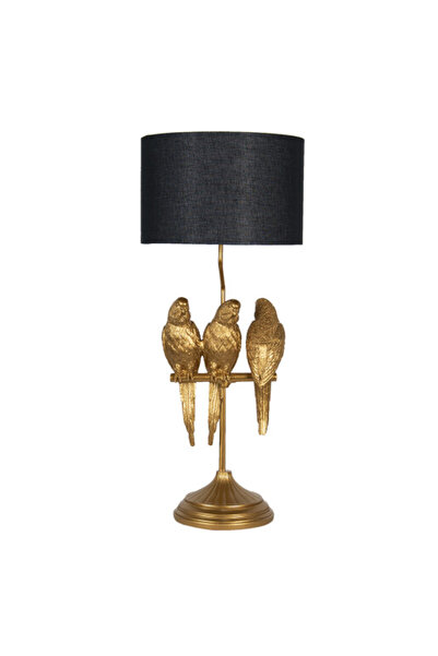 Clayre & Eef Golden polyresin lamp with black textile lampshade Papagali 33x79 cm