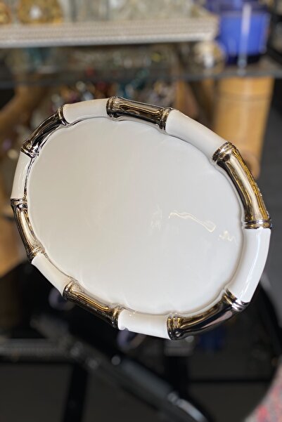 LEMİ DEKORASYON Silver Detailed Porcelain Oval Bamboo Cake Presentation Plate 38 X 27 cm