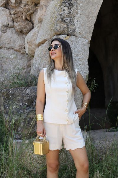bytugcekaya Beige Linen Star Button Vest Shorts Set