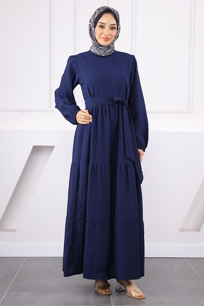 İmajButik Μπλε ναυτικό φόρεμα με γοφράλι με ζώνη μέσης