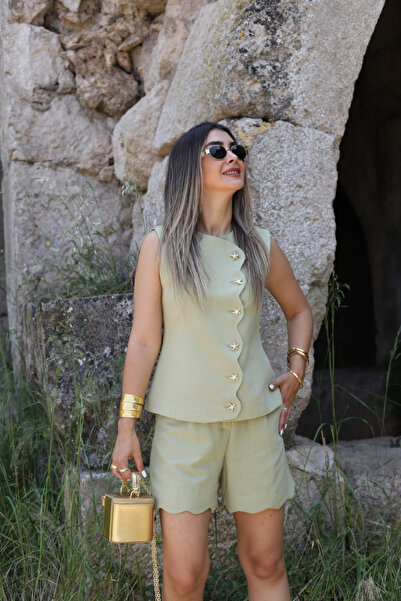 bytugcekaya Pisztácia zöld vászon csillag gombos mellény rövidnadrág szett