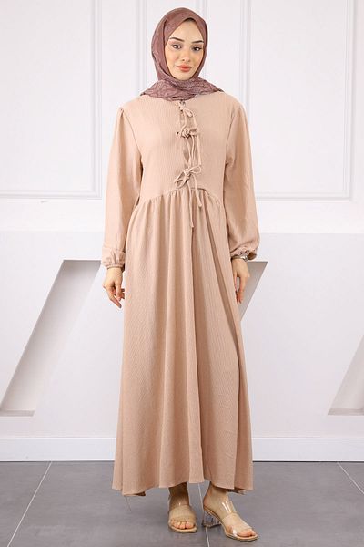 İmajButik Φόρεμα με λαιμόκοψη με ελαστικό μανίκι βιζόν