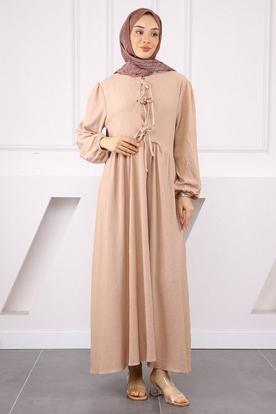 İmajButik Φόρεμα με λαιμόκοψη με ελαστικό μανίκι βιζόν