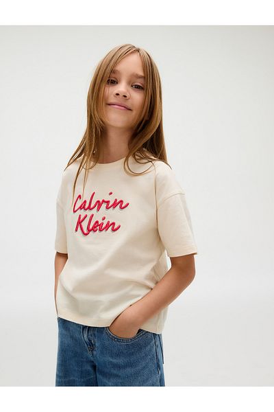 Calvin Klein Girls Beige Boxy Metallic Logo Short Sleeve T-Shirt