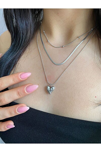 ŞİMŞEK BİJUTERİ 3 ZİNCİRLİ KALPLİ TAŞLI ŞIK VE ZARİF ÇELİK KOLYE