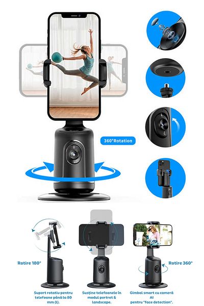 clickzu Trepied cu detectare și urmărire automată a feței, rotație la 360°, fără aplicație