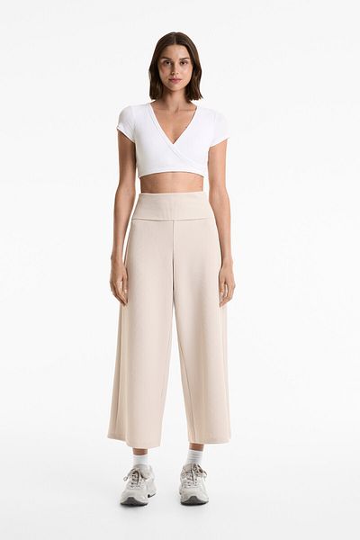 Oysho Foldover waist rib wide-leg trousers