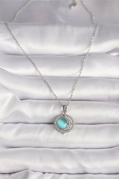 merland benvecocuk 316L Steel Silver Color Zircon Stone Blue Pearlescent Crescent Model Women's Necklace - Lisinya