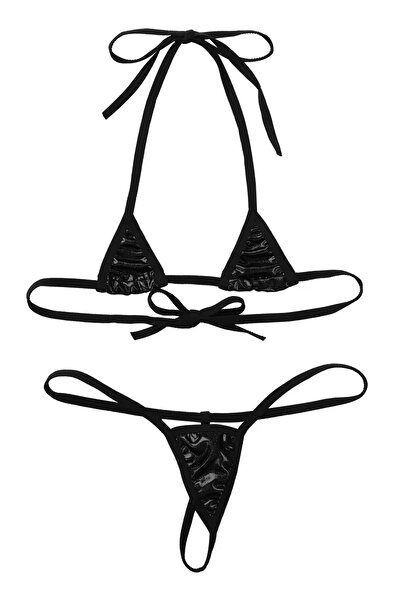 Cicişim Σετ μπικίνι με κορδόνια μαύρης δερμάτινης εμφάνισης