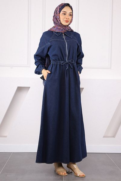 İmajButik Σκούρο μπλε τζιν φόρεμα με φερμουάρ μπροστά στη μέση