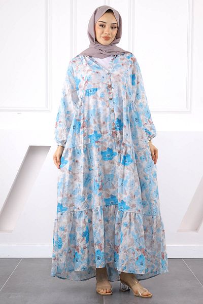 İmajButik Baby Blue Φόρεμα με μισό κουμπί με φούστα