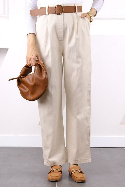 İmajButik Beige Waist Belted Linen Trousers