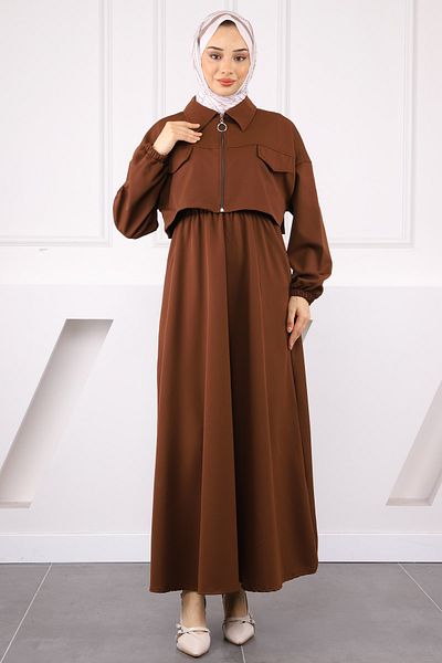 İmajButik Καφέ Μπουφάν Συνδυασμένο Φόρεμα Ελαστικής Μέσης