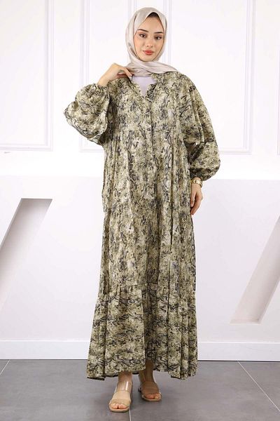 İmajButik Χακί Φόρεμα με μισό κουμπί και φούστα