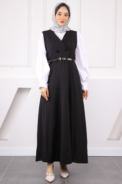 İmajButik Μαύρο φόρεμα Gilet με κουμπιά μπροστά και ζώνη