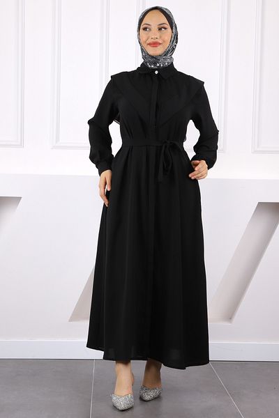 İmajButik Μαύρο φόρεμα με κουμπιά μπροστά και τσέπες