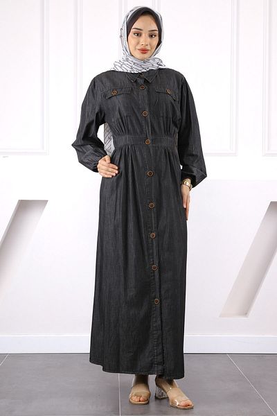 İmajButik Τζιν φόρεμα με κουμπιά από ανθρακί