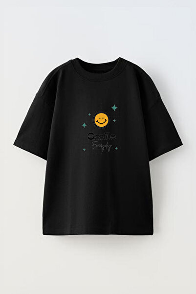 Anetos Tricou Clean Simple Smile Front cu imprimeu Cotton Black supradimensionat