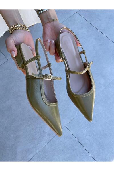 Elvinin Tarzı Lexa Sivri Burun Zeytin Yeşili Deri Topuklu Ayakkabı