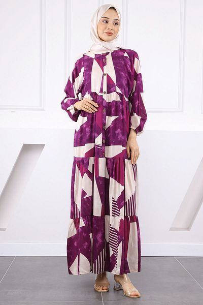 İmajButik Μωβ φόρεμα με μισό κουμπί με φούστα