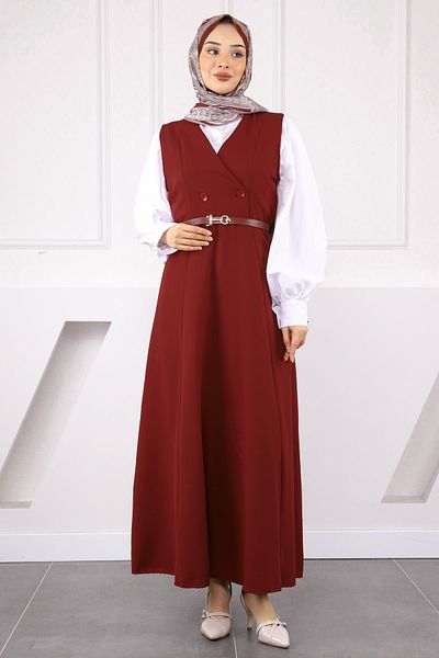 İmajButik Βουργουνδία Φόρεμα Gilet με Κουμπιά Μπροστά και Ζώνη